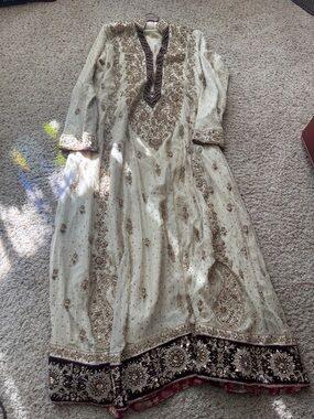 Embroidered Cream Anarkali Dress with Beaded Accents